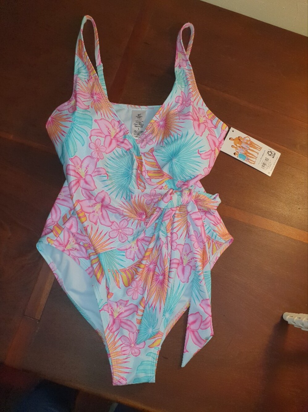 Floral Tie-Waist One-Piece Swimsuit in Pink & Aqua